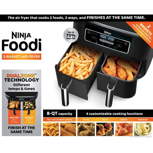 Foodi 4-in-1 8-Quart Ninja Freidora sin Aceite de 2 Cestas Tecnología DualZone DZ100