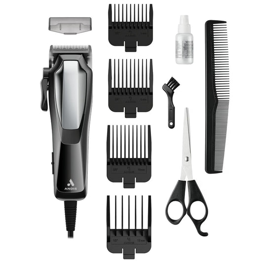 Andis Ultra Kit de Cortapelos Clip con Cable de 10 Piezas, Negro / Plateado