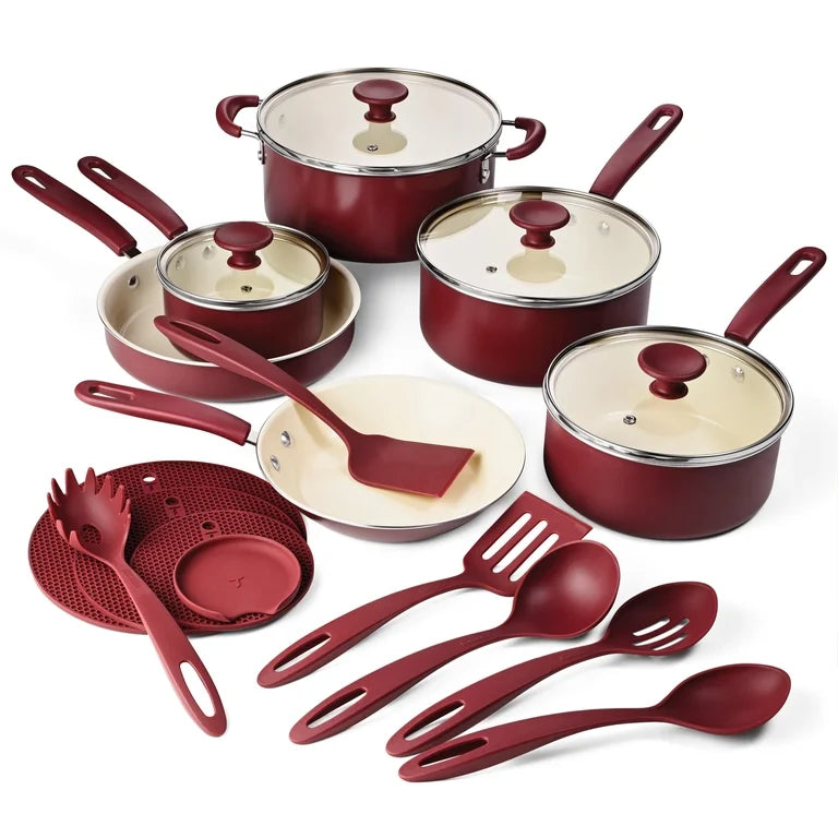 Juego de utensilios de cocina antiadherentes de cerámica Tramontina Ceramaware de 20 piezas, color vino.