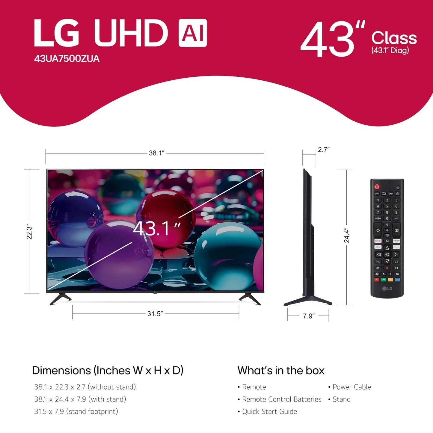 LG 43" 4K UHD UA75 AI Smart TV, 43UA7500