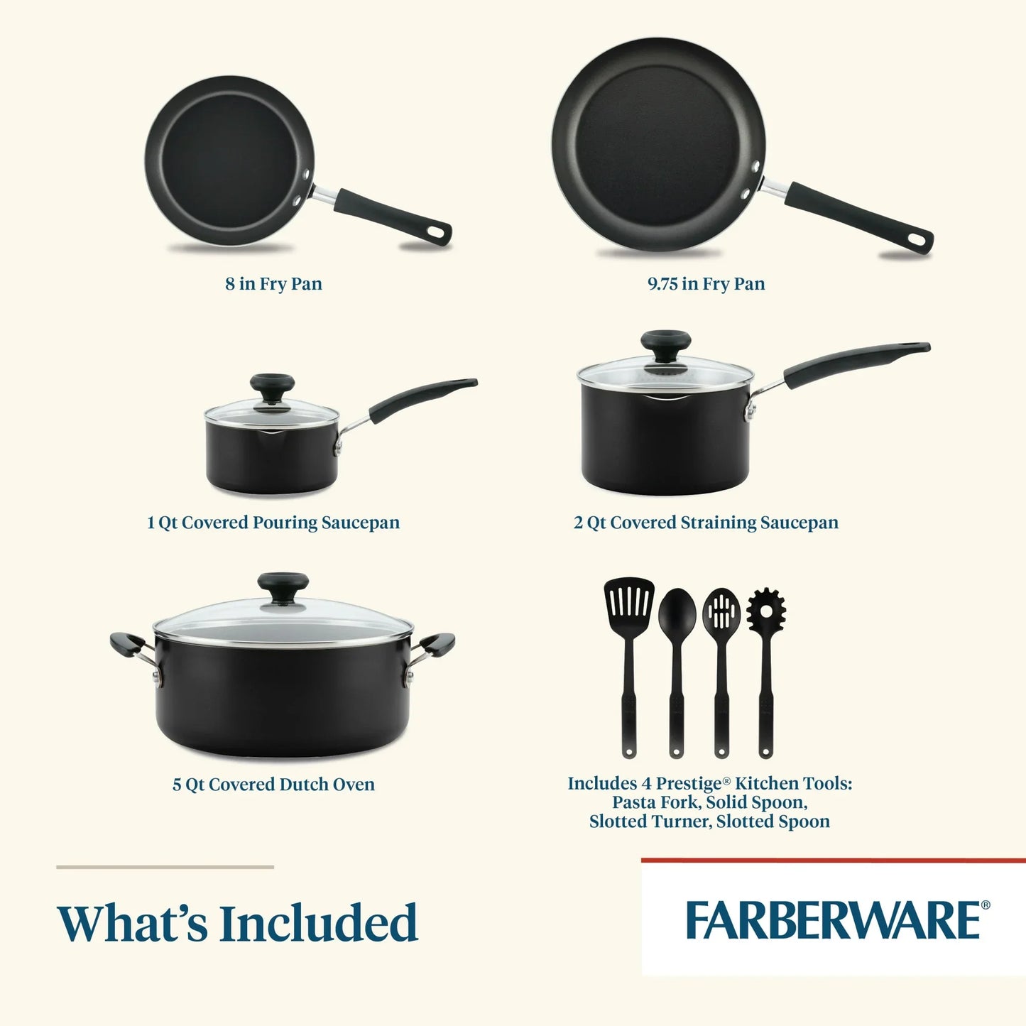 Farberware Juego de Ollas y Sartenes/cocina Antiadherentes Easy Clean de 12 Piezas, Negro