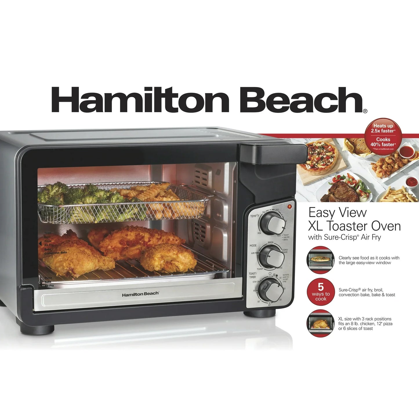 Hamilton Beach Easy View XL Horno Tostador con Freidora de Aire con Sure-crisp, 1750W, Capacidad para 6 Rebanadas, 31460